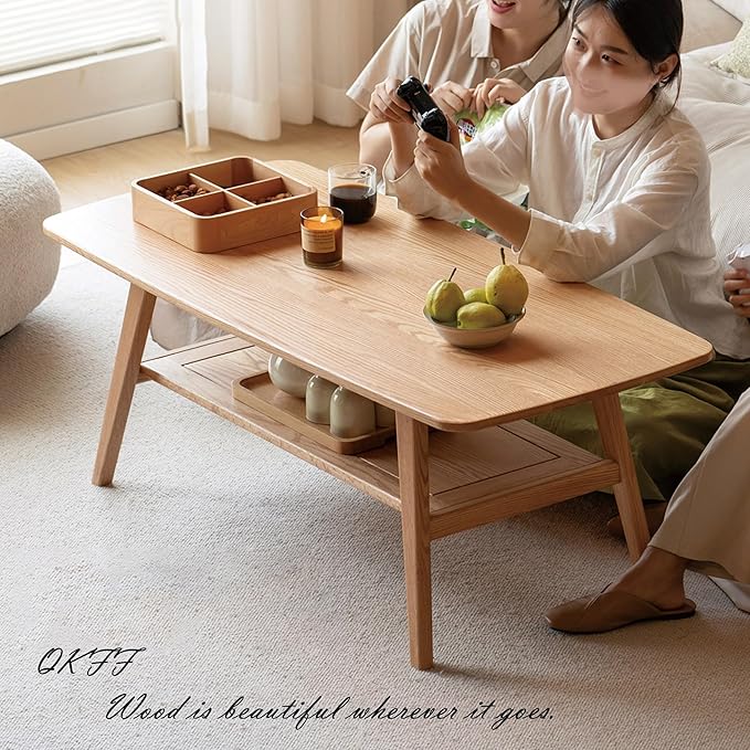 QKFF Modern Solid Wood Coffee Table, 2-Tier Small Wooden Coffee Table with Storage Shelf for Living Room, Apartment, Office, Natural (40''D x 20''W x 18''H)