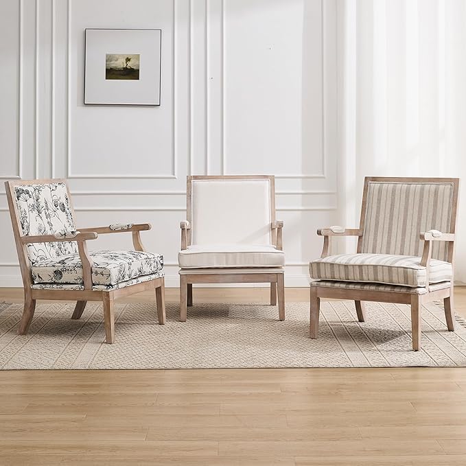 Mid Century Modern Accent Chair Set of 2, Upholstered Armchair with Solid Wood Frame & Wide Cushion Comfy Living Room Chairs Lounge Retro Reading Chair for Bedroom, Guest Room, Balcony, Khaki stripe