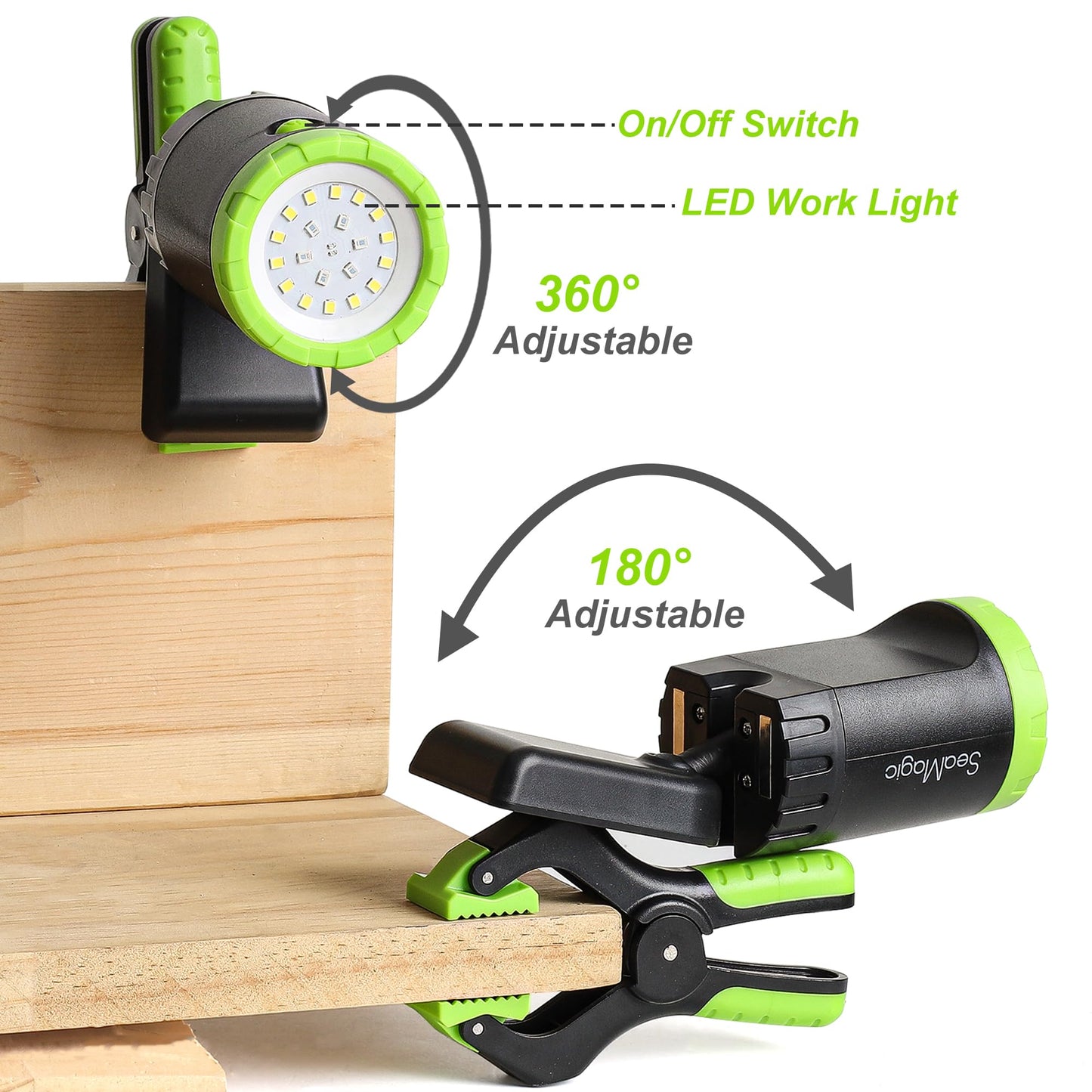 SEAMAGIC 4-Pack Rechargeable LED Work Lights, 360-Degree Adjustable Spotlights with Magnetic Base, Clamp Lights for Barbecue, Workshop, Construction Site, Car Repairing and Home Using