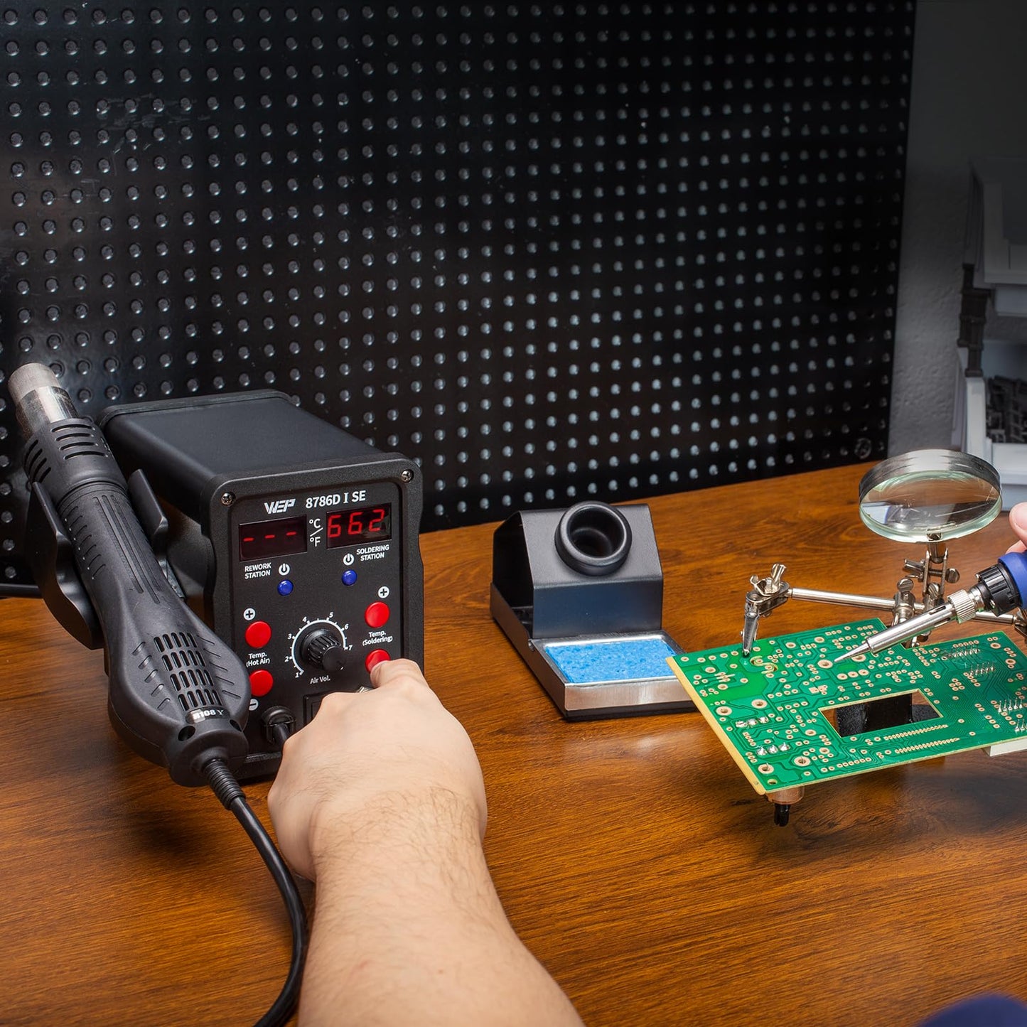WEP 8786D-I SE Hot Air Soldering Iron Station Kit 2-IN-1 for Rework, Desoldering with Lead-Free Solder Wire, 5 Soldering Tips, 3 Hot Air Nozzles,Tweezers, Desoldering Pump