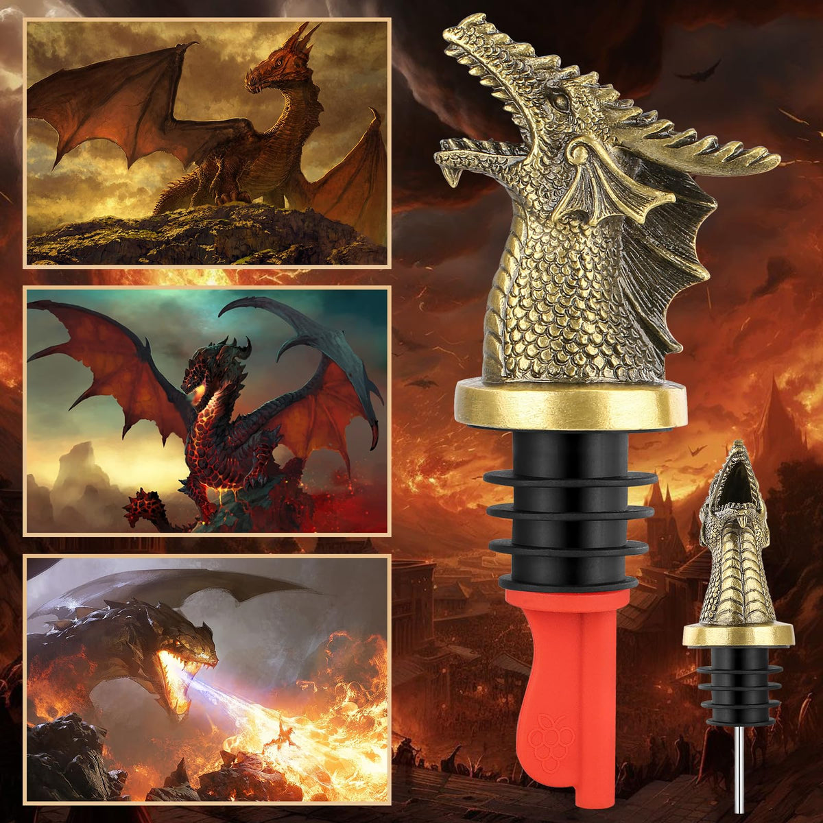 LKKCHER Dragon Head Liquor Pourers Spout for Alcohol Spirits, Dragon Gifts 2-In-1 Wine Bottle Pourer and Stopper for Men Women, Wine Accessories Gifts, Bronze with Bag