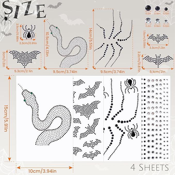 YGDZ Face Gems, Halloween Face Jewels Stickers, Spider, Bats, Snakes Hair Gems for Women, Black Stick On Rhinestones for Halloween Makeup, Rave Accessories