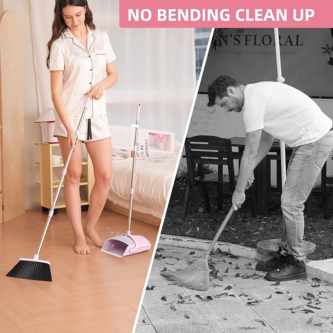 Broom and Dustpan Set, Broom with Dustpan Combo Set for Home 54-in Long Adjustable Handle Dustpan Teeth to Clean Hair for Home Office Kitchen Lobby