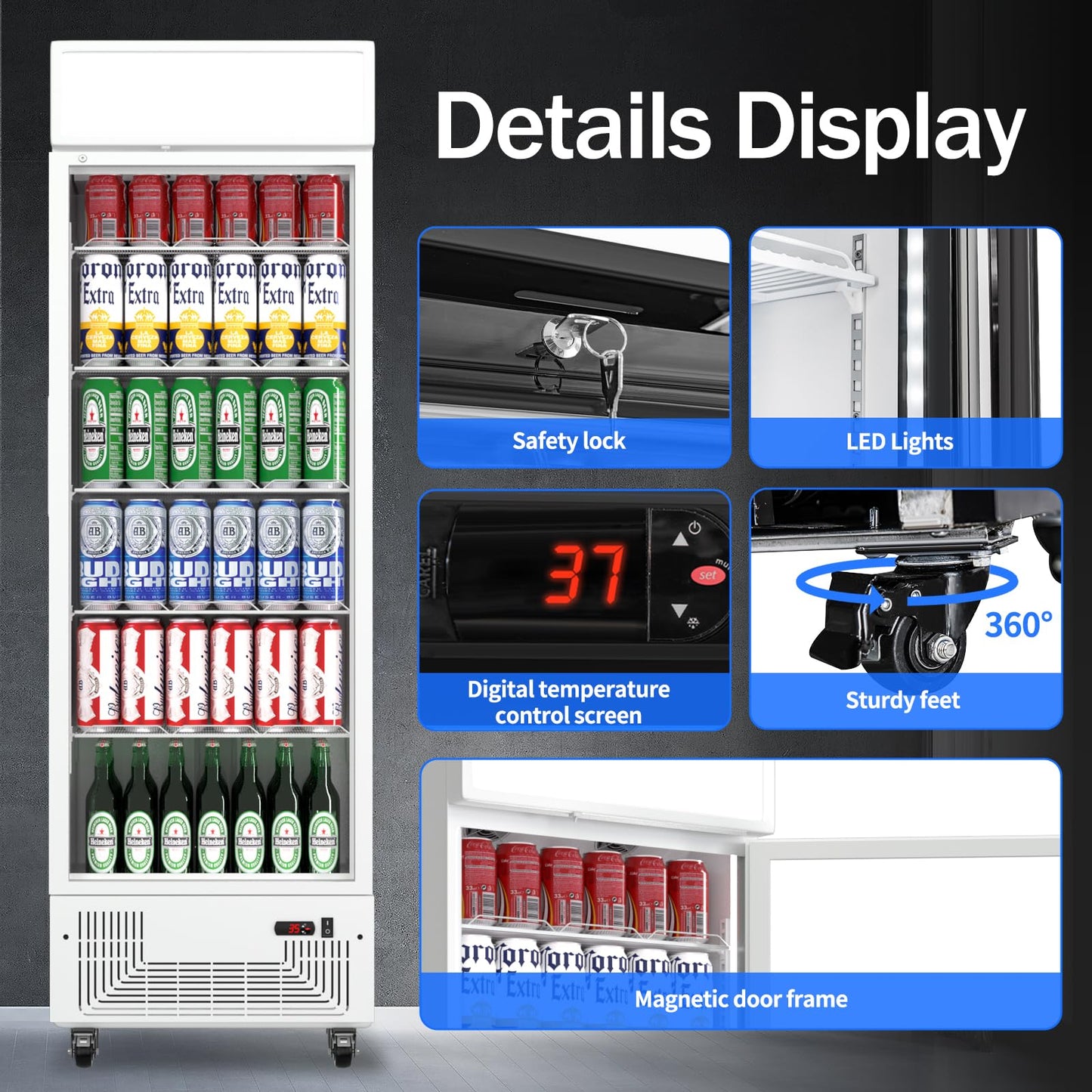 BINGERMA Commercial Display Refrigerator with Glass Door 12 Cu.ft Merchandiser Beverage Cooler Bar Black Drink Fridge for Convenience Stores, Supermarkets,Bars,Offices White