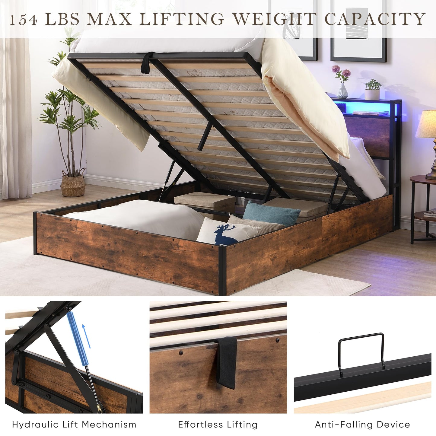 Queen Size Lift Up Storage Bed Frame with Charging Station, Wooden Platform Bed Frame with with Bookcase Headboard & LED Lights, Heavy Duty Metal Slats Support, Hydraulic Storage, Noise-Free, Brown