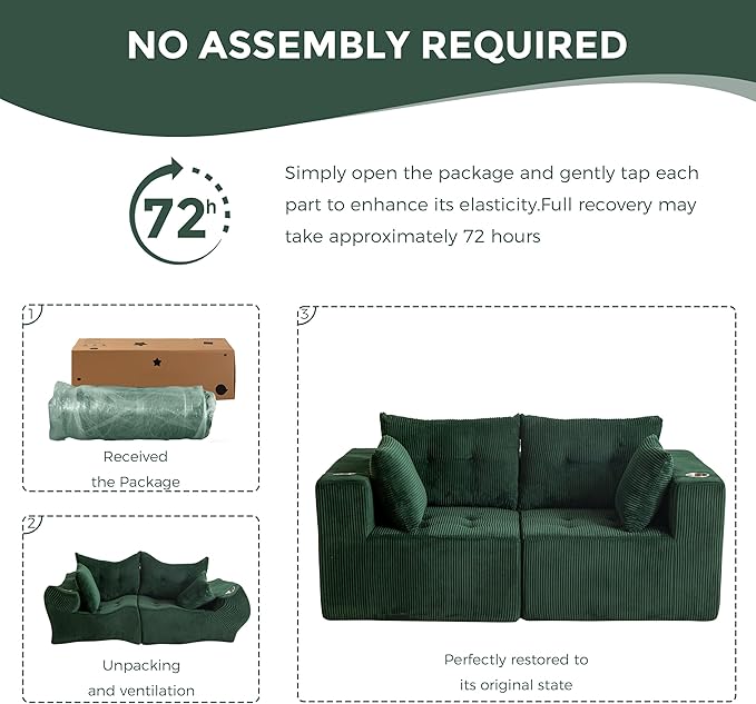 MAXYOYO Modular Sectional Sofa Couch, Loveseat Boneless Cloud Couch for Living Room, Sofa in A Box, Upholstered Cozy Chair with Tufted Craft, No Assembly Required, Green