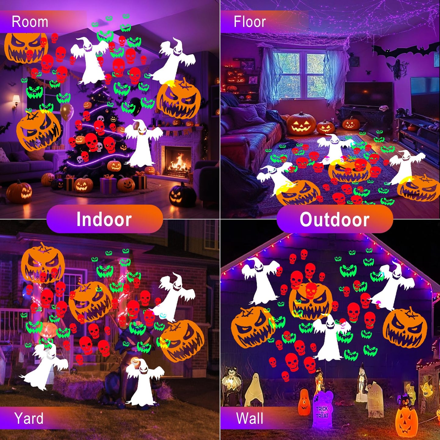 Upgraded Halloween Projector Lights Outdoor, Double Head Dynamic Projector Lights Indoor, 360° Rotating Waterproof Pumpkin Ghost Skeleton Bats Projection Light for House Patio Window Party Decor
