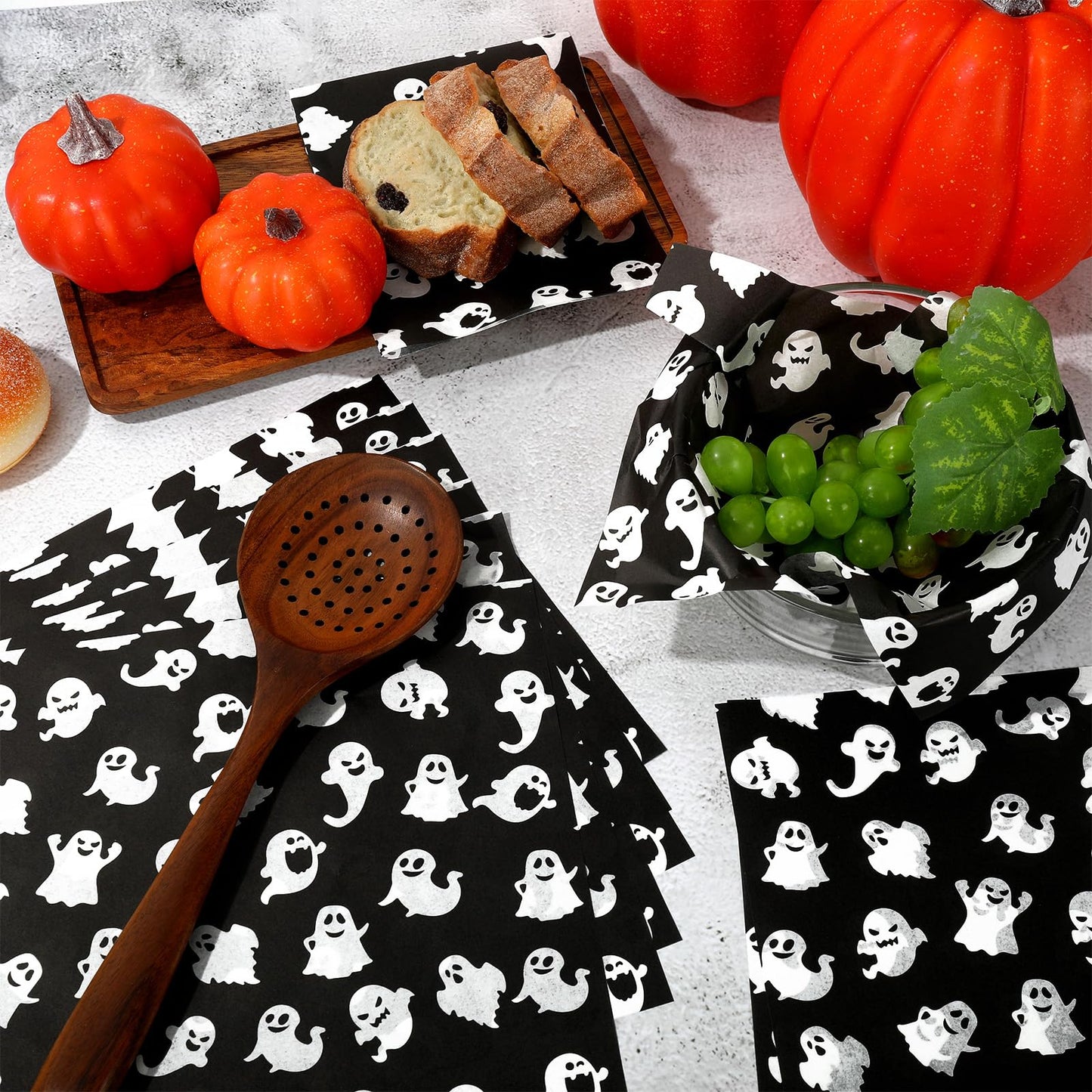 AnyDesign 150Pcs Halloween Wax Paper Sheet Black White Ghost Deli Paper Food Wrapping Paper Waterproof Oil Proof Paper Liners for Party Picnic Kitchen Baking Supplies, 8.3 x 9.8 Inch