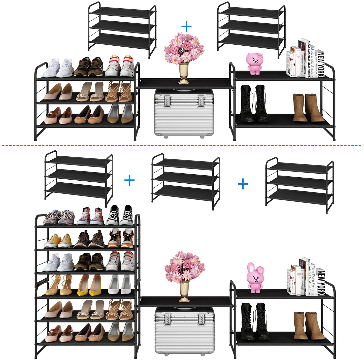 Simple Trending 3 Tier Stackable Shoe Rack, Expandable Adjustable Fabric Shoe Shelf Storage Organizer, Black