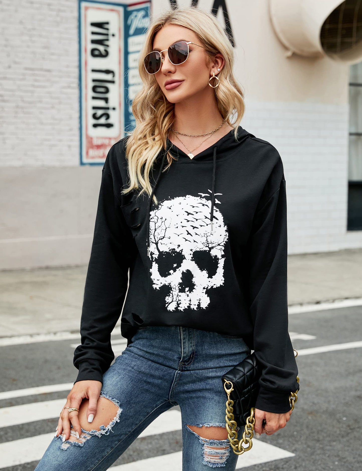 Blooming Jelly Women's Halloween Sweatshirts Skull Graphic Hoodies Long Sleeve Pullover Gothic Fall Trendy Outfits 2024 (Large, Black Hoodie-2)