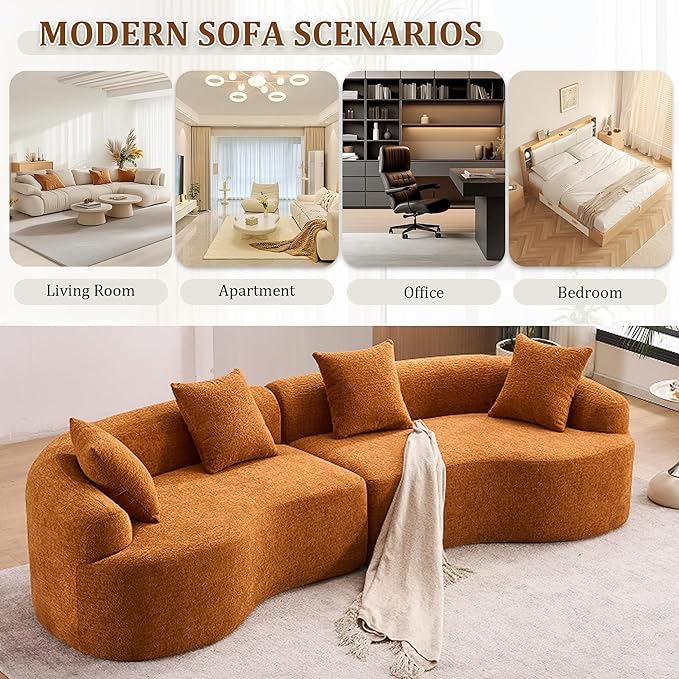 110" Oversized Modern Curved Cloud Sectional Sofa, Luxury Plush Chenille 4-Seater Deep Wide Seat Couch with 4 Pillows, No Assembly Needed Apartment Living Room Furniture, Beige