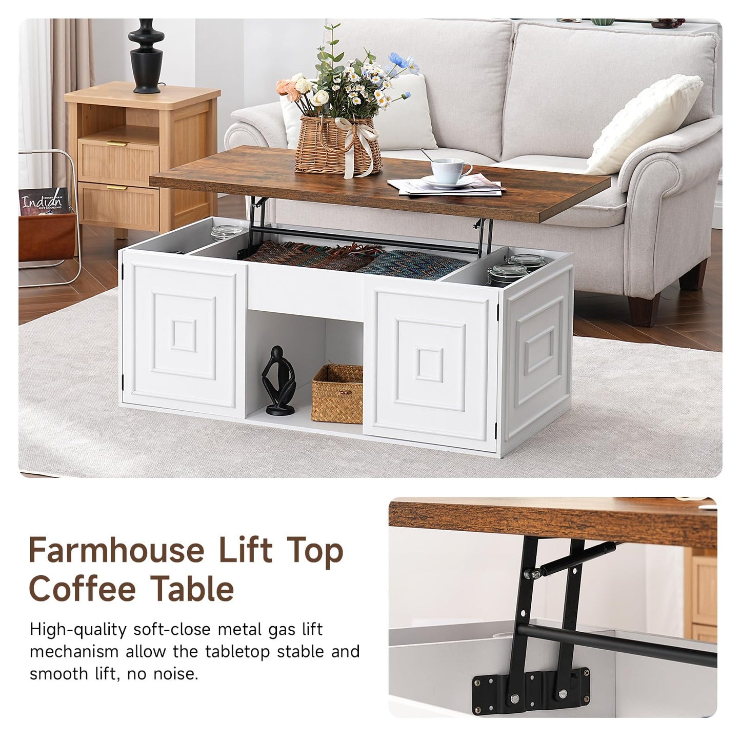 ONBRILL Lift Top Coffee Table with Storage, 48" Rustic Center Table with Hidden Storage Compartment and 2 Cabinet, White Coffee Table Converts to Dining Table for Living Room, Office