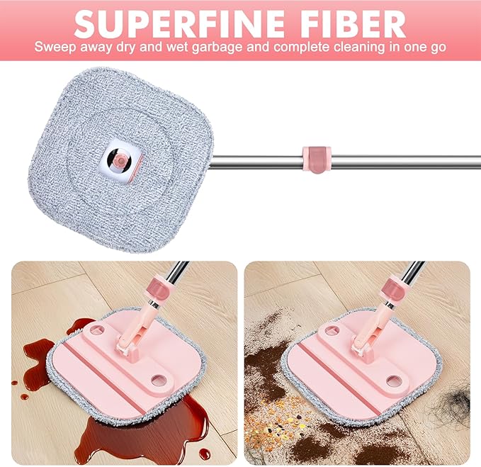 Upgraded Self-Standing Spin Mop and Bucket System, Detachable Inner Mop Bucket Separates Dirty Water & 90° Foldable Head, Triple-Scrub System, 0.9Gal Dual Drainage, for Hardwood Floors (Pink 6 Pads)