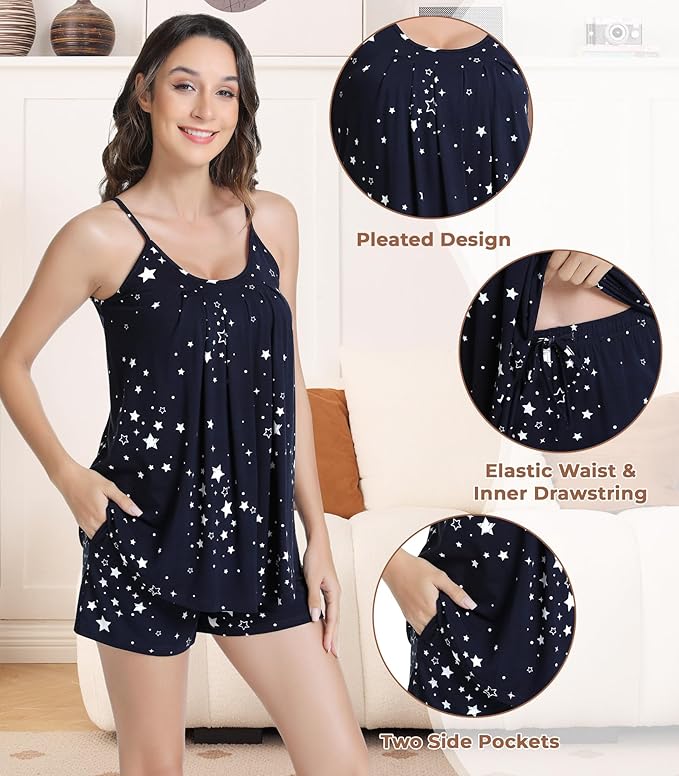 NACHILA Pajamas for Women-Viscose from Bamboo, Ribbed Racerback Tank Top Sexy Split Shorts Pajama Sets Cooling Sleep Cami Pjs