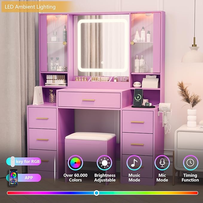 Makeup Vanity with LED Light Strip Mirror and Chair, 7 Drawers & 2 RGB Cabinets Black Vanity Makeup Desk with Power Strip, Adjustable LED Lighting, and Cushioned Stool for Women, Girls, Teens