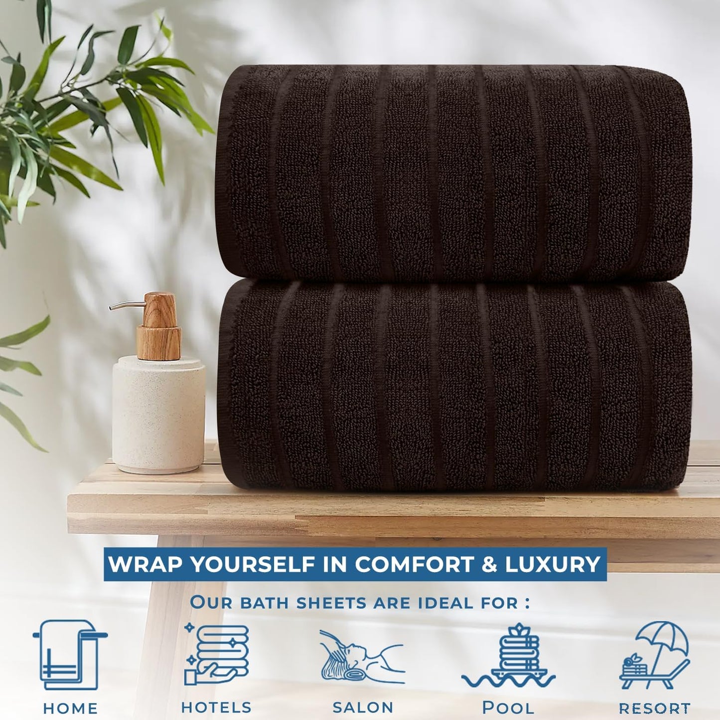 Dan River Pack of 2 Bath Sheet 35x70 Inches, Ribbed Oversized Bath Sheets Towels for Adults, Fluffy and Soft Plush Towels - Brown
