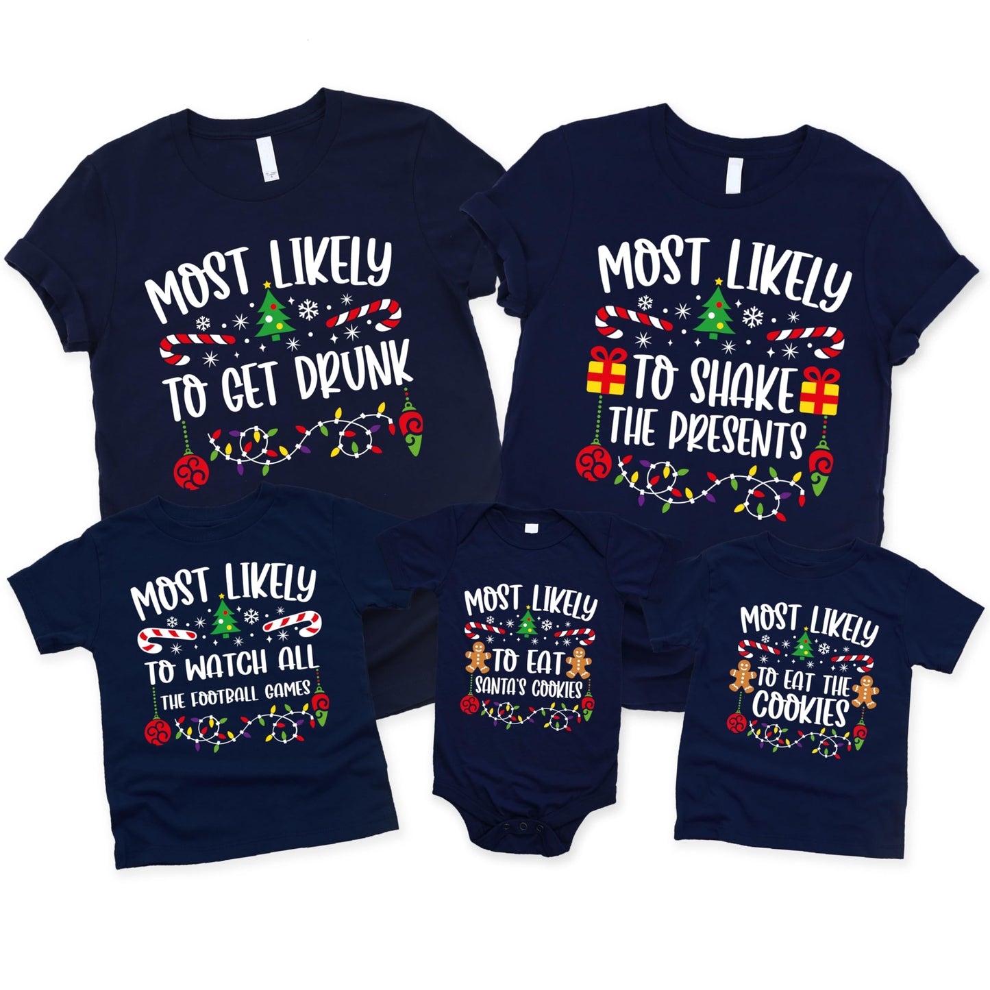 Most Likely To Christmas Shirts, More Than 50 Quotes Family Matching Christmas Tshirts, Custom Text Funny Christmas T-Shirts, Personalized Holiday Party Reunion Tees for Baby & Toddler & Youth and Adults
