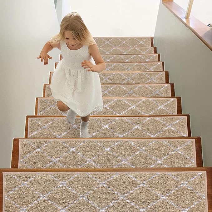 BEQHAUSE Stair Treads 15 Pack Non Slip Stair Runner 28inX9in Machine Washable Stair Mats 100% Polyester Soft Stair Carpet Treads for Wooden Steps