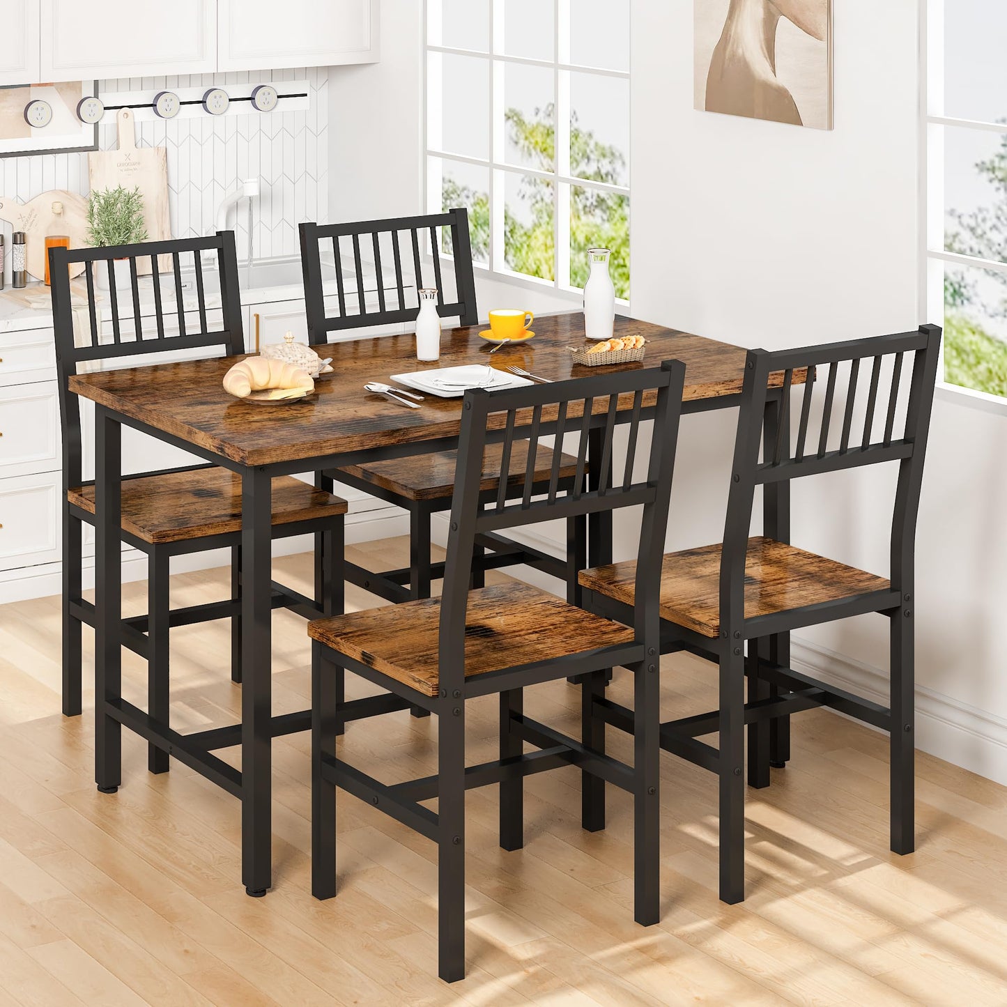 AWQM 5 Pieces Dining Table Set, Industrial Dining Table and Chairs for 4, Metal Frame with Wood Top, Kitchen Table Set for Dining Room, Breakfast Nook, Small Space, Rustic Brown
