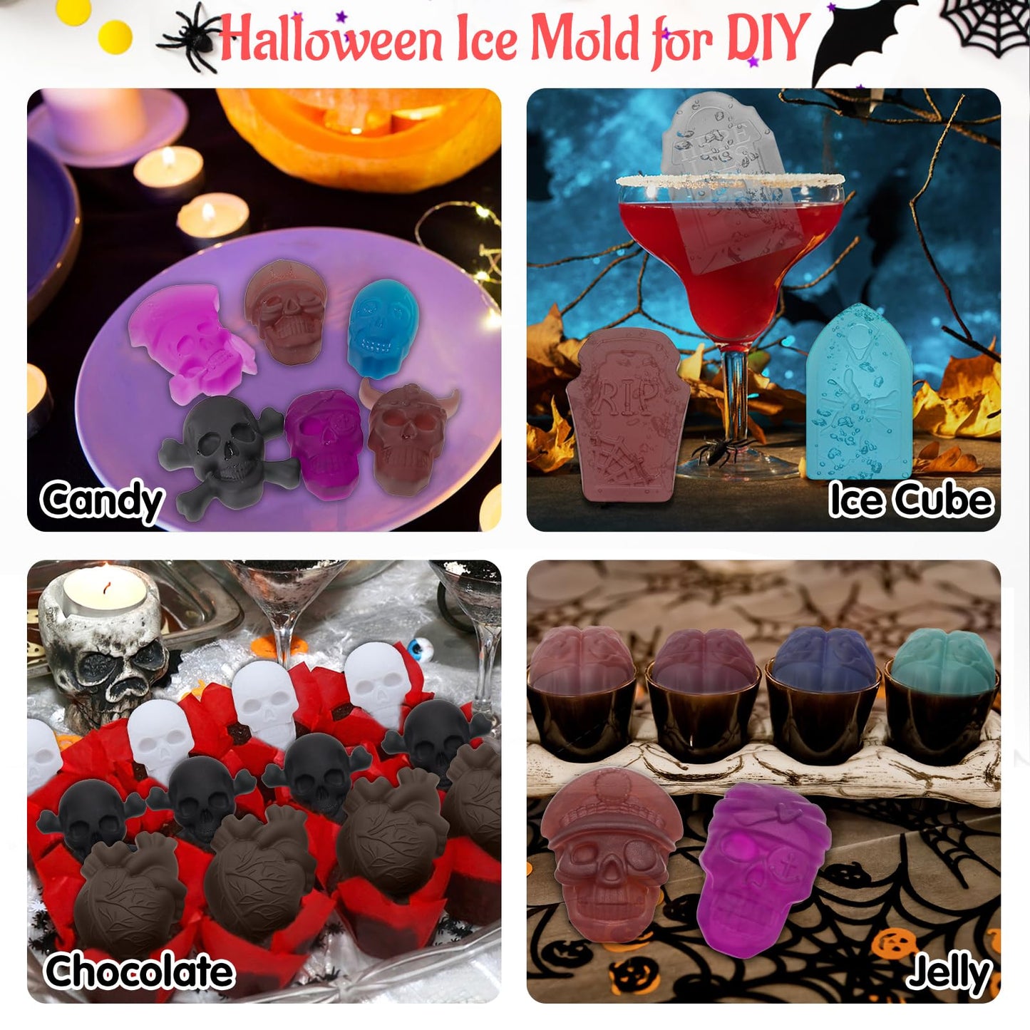 HOMQYTE Silicone Ice Cube Trays 2PCS Brain Skull RIP Gravestone Mold for Ice, Candy, Cake, Soap, Chocolate, Halloween (Pink&Gray, 2P Brain Heart)