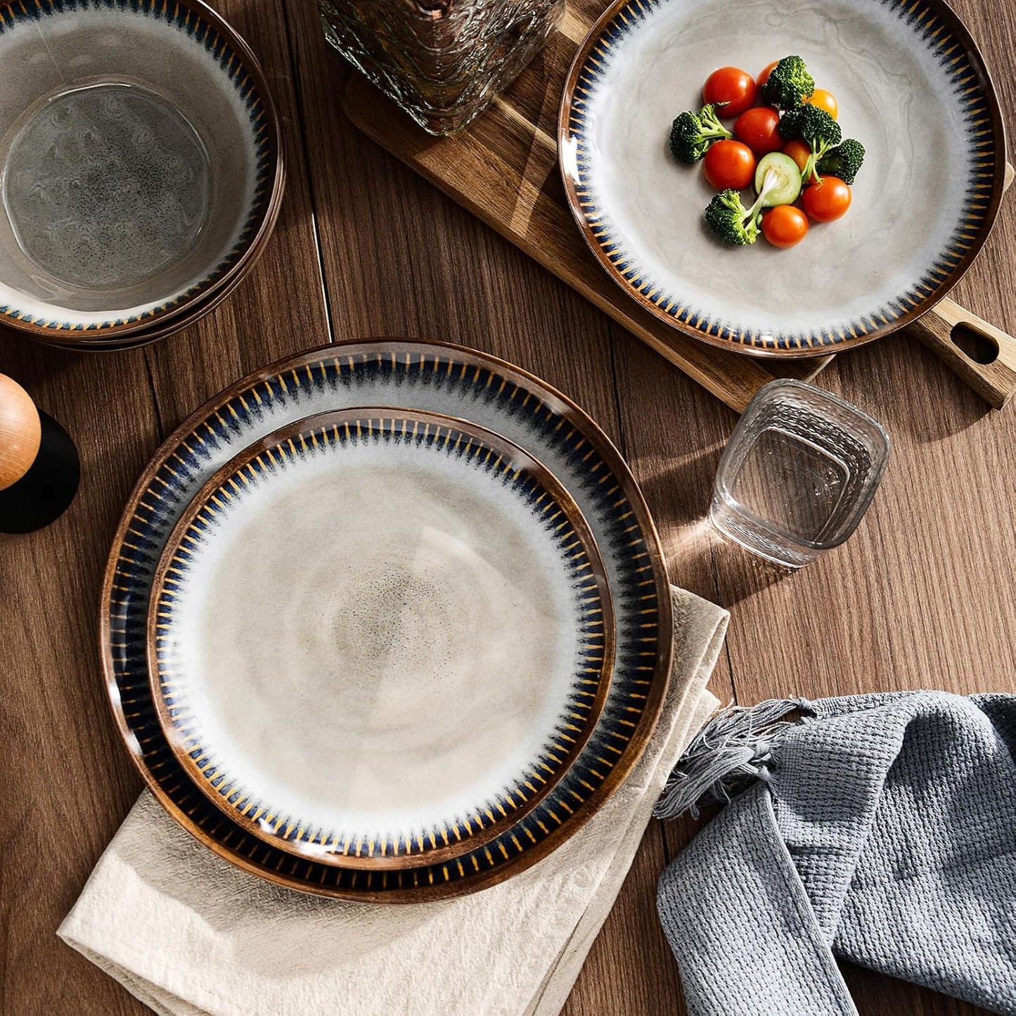 Melamine Dinnerware Set, 12 Pcs Dishware Sets, Plate and Bowl Set Service for 4, Lightweight and Unbreakable Dinnerware Sets for Camping, Great for RV, Dishwasher Safe, Sahara Beige and Blue