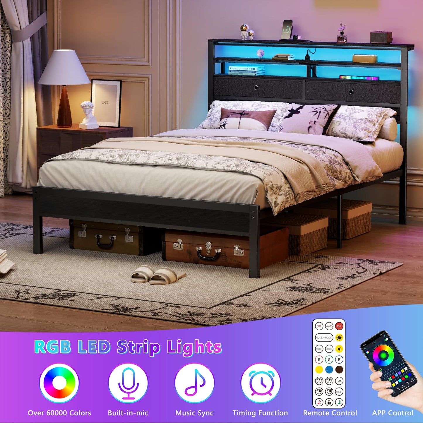 Furnulem Full Size Bed Frame with Headboard & 2 Fabric Drawers, Full Platform Bed Featuring LED Lights, Built-in Charging Station & Storage Shelves, Metal Slats, No Box Spring Needed – Black Oak