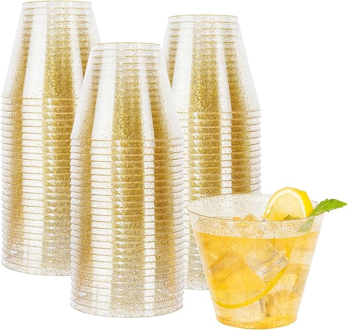 I00000 100pcs Gold Plastic Cups - 9 OZ Hard Gold Glitter Disposable Cups for Cocktail And Drinking - Premium Disposable Pl...
