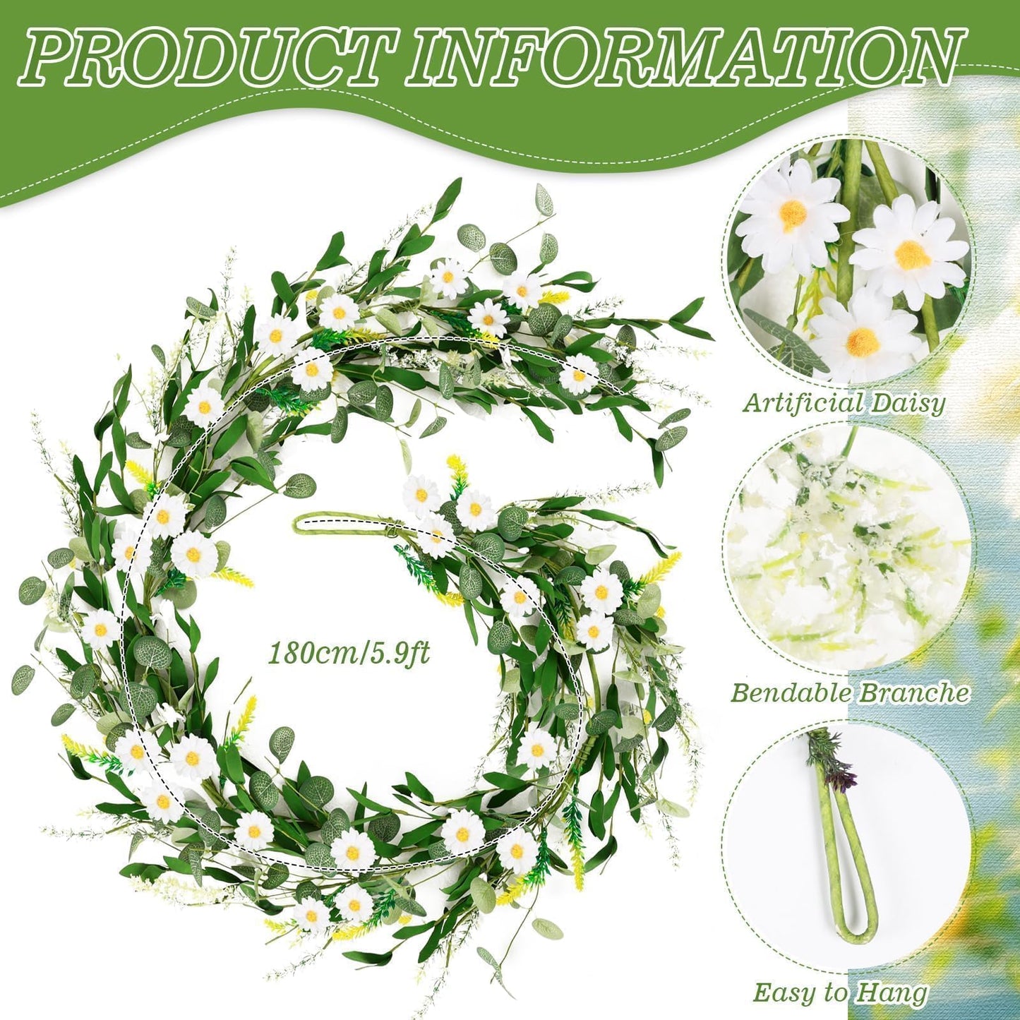 6 Ft White Flower Garland Artificial Summer Spring Faux Daisy Wildflower Floral Garland Spring Wreath for Wedding Arch Porch Stair Table Indoor Door Home All Year Decoration
