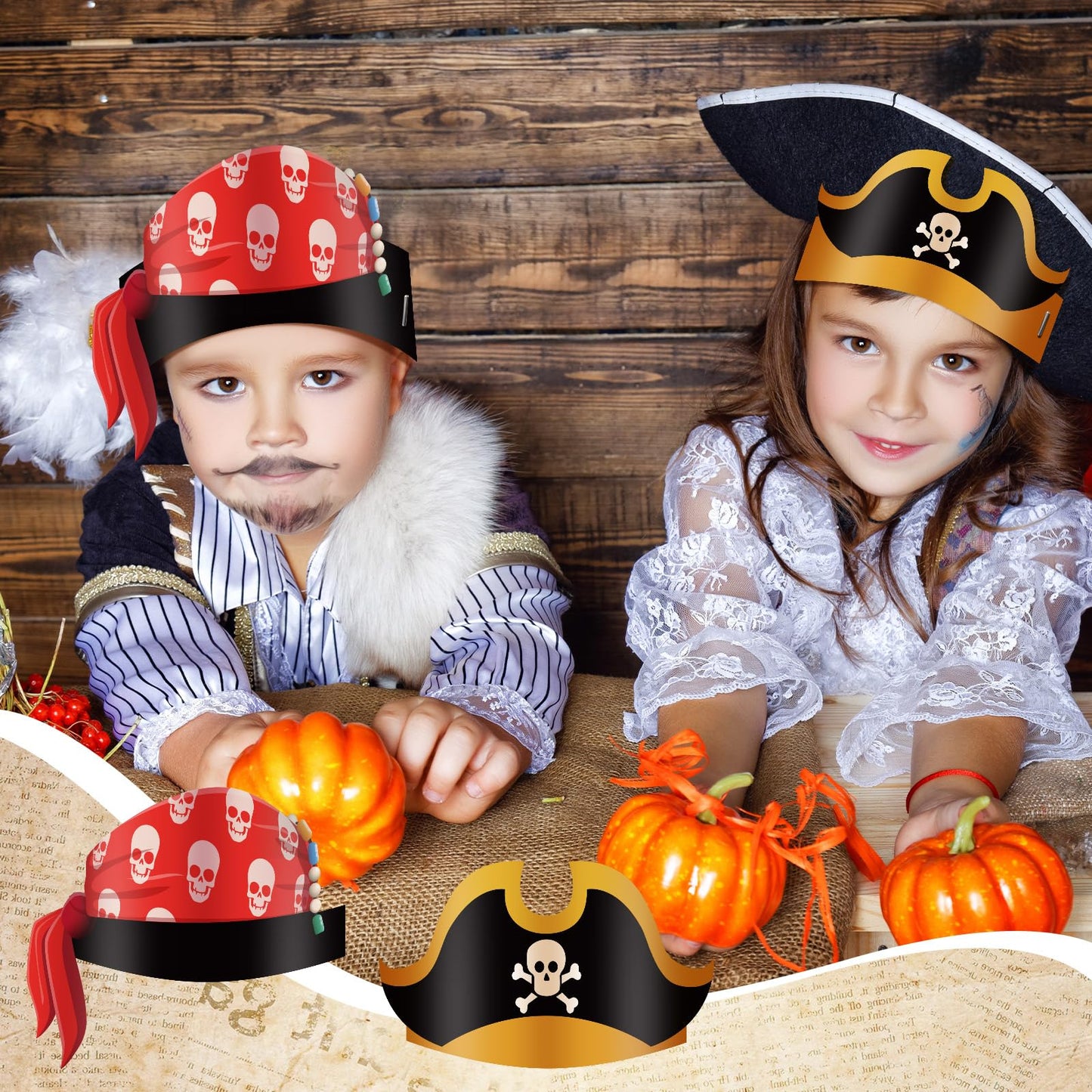 Funtery 48 Pcs Pirate Hat Pirate Party Accessories Favors Kids Paper Costume Cap for Halloween Caribbean Cosplay(Cute)