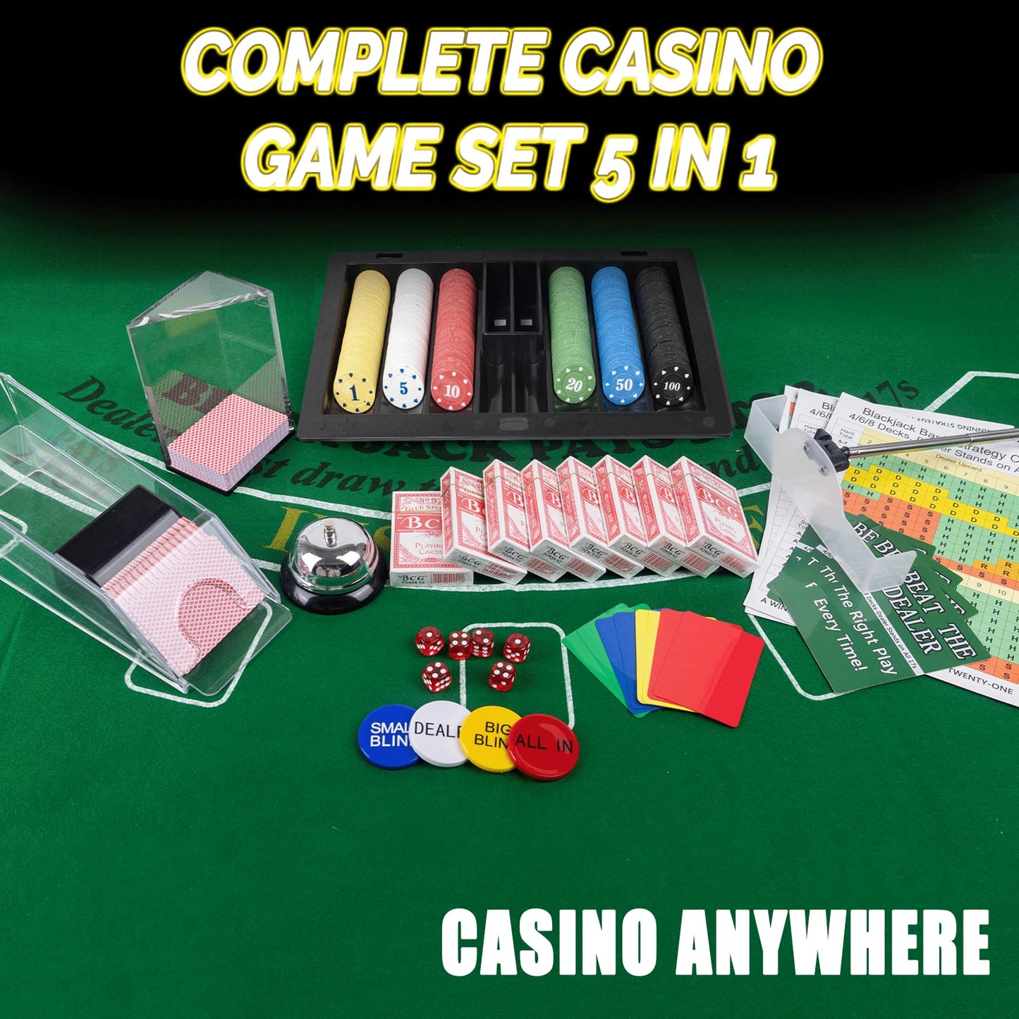 WodGod 5 in 1 Super Casino Game Set: Blackjack/Roulette/Craps/Texas Hold'em/Poker Kit with Shoe+Discard Tray+360 Chip+8 Deck Card+Roulette Wheel+2 Felt+Stratedgy Card+Chip Rake, Casino Poker Set