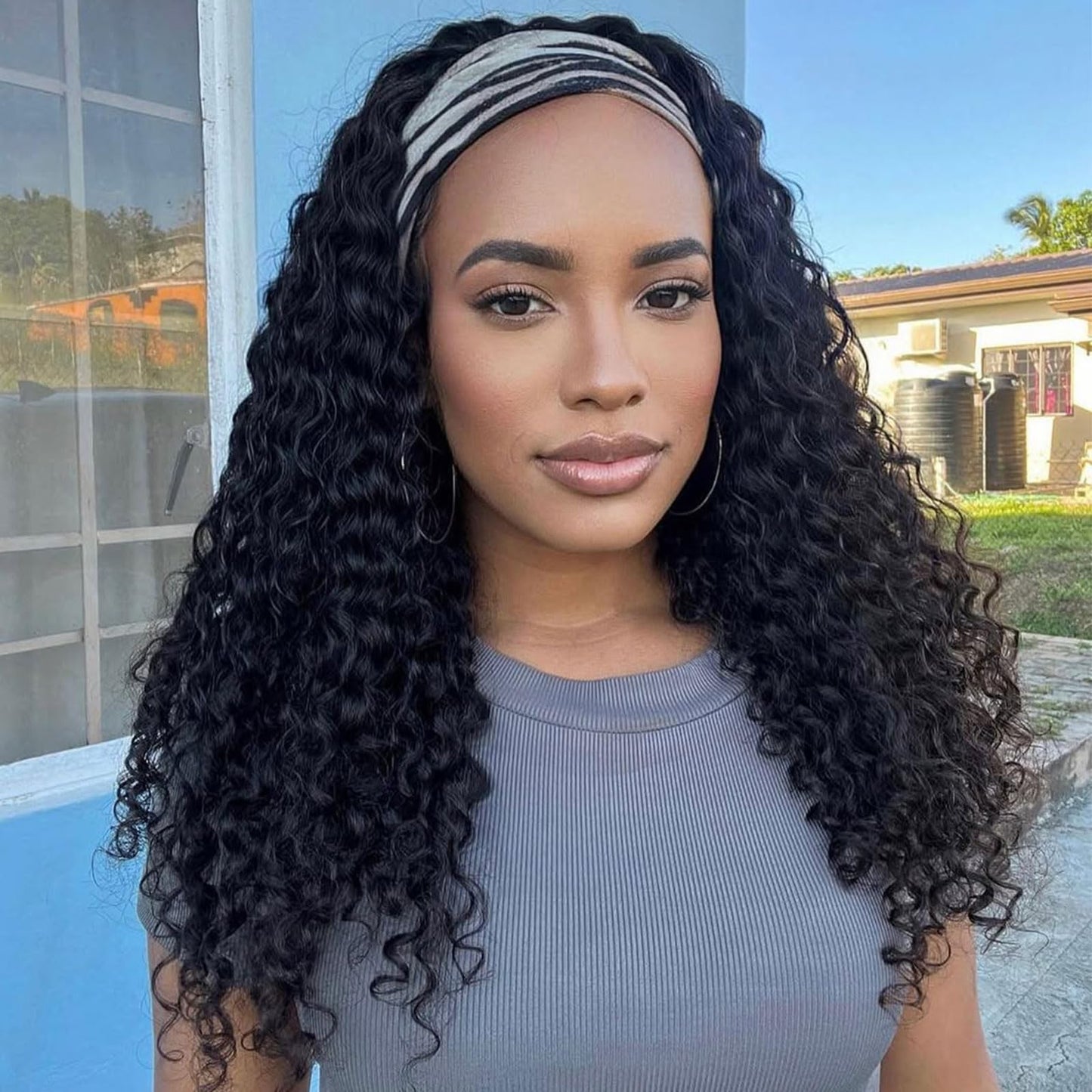 DSEKCAIN Deep Wave Headband Wig Human Hair 24 Inch 200 Density 100% Real Human Hair Deep Curly Headband Wig No Glue No Sew In Gl