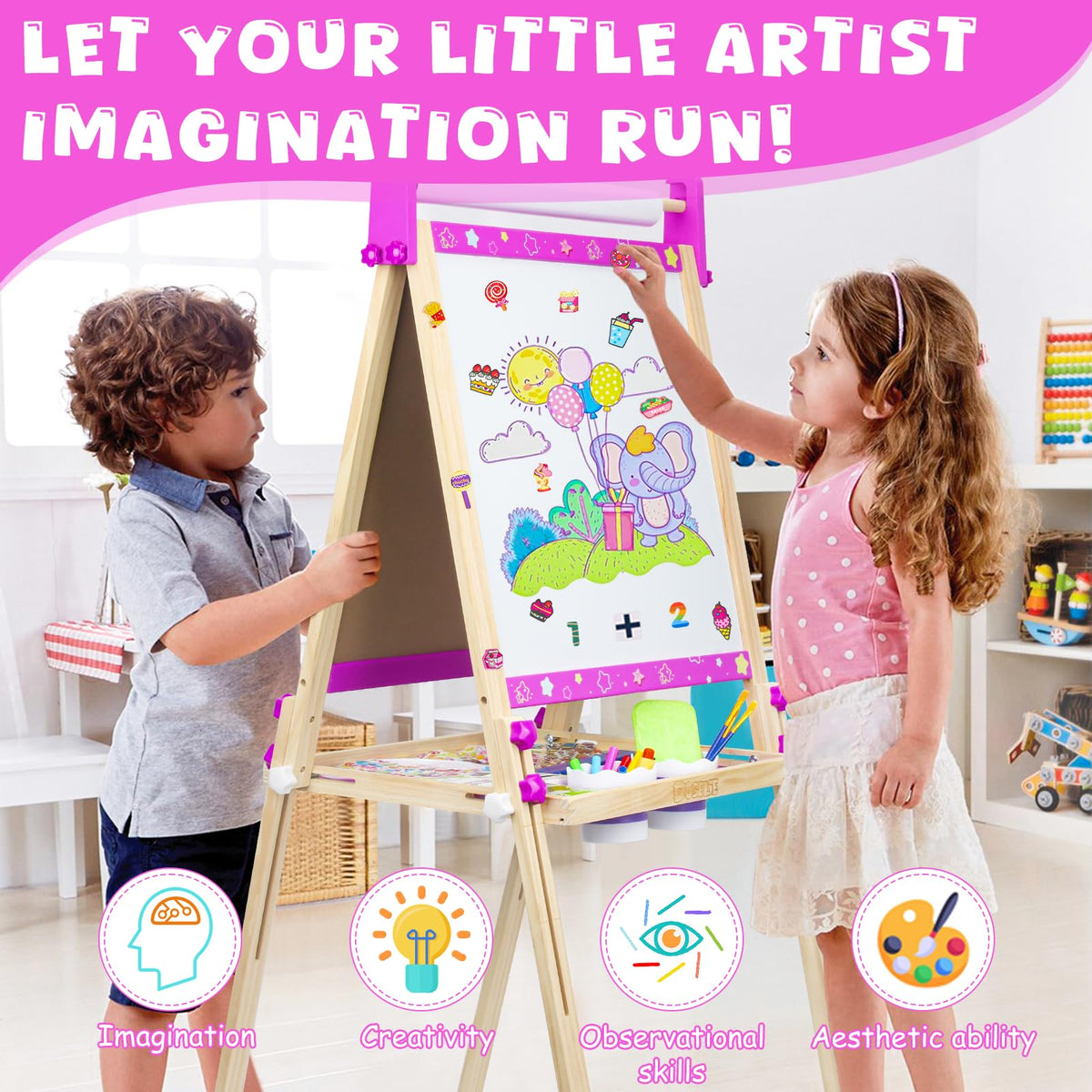 Easel for Kids Toys,Toddler Art Easel with Art Supplies, Height Adjustable Double-Sided Magnetic Dry Eraser Whiteboard and Chalk Board with Paper Roll,2 3 4 5 6 7 8 9 10 Year Old Girl Birthday Gifts