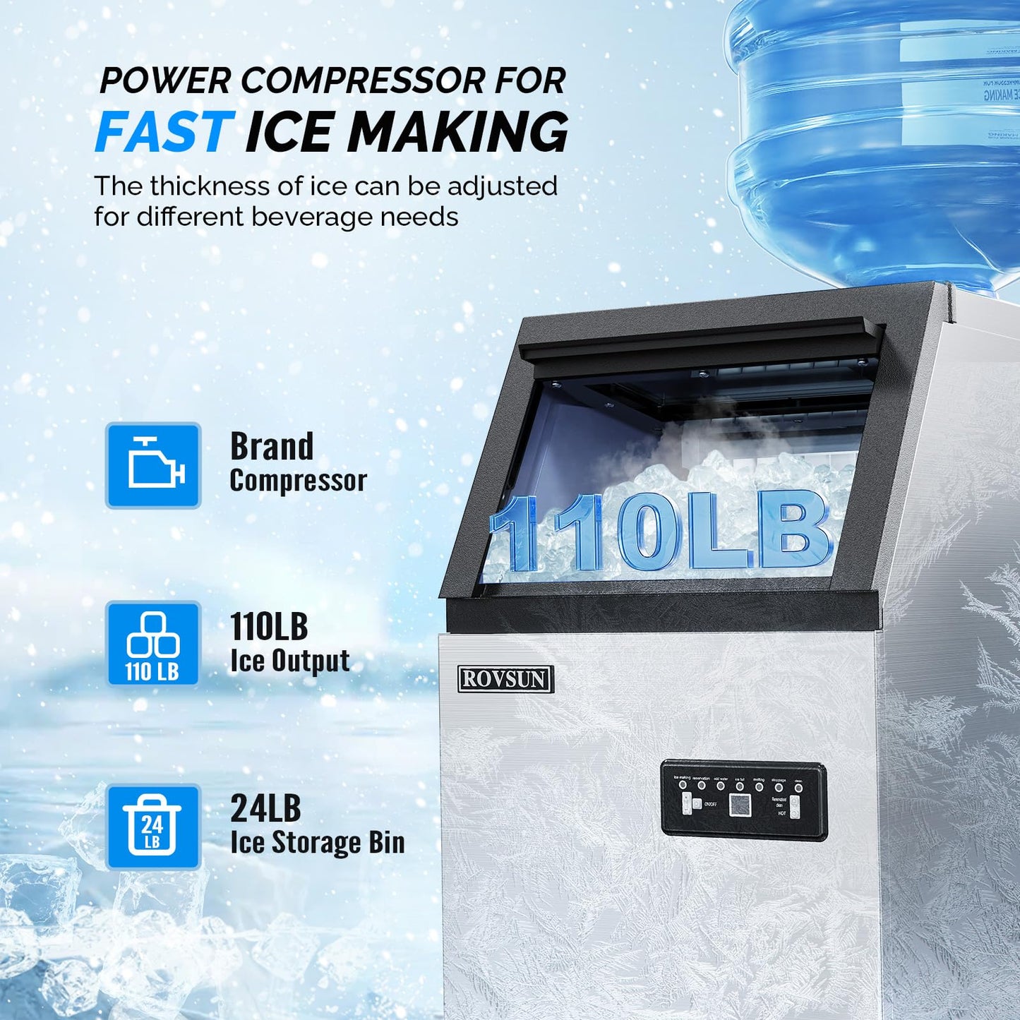 ROVSUN 110LBS/24H Commercial Ice Maker Machine with 2 Water Inlets, Undetcounter Ice Machine with 24lbs Storage Bin, Ice Scoop & Water Filter for Home Office Restaurant Bar Cafe