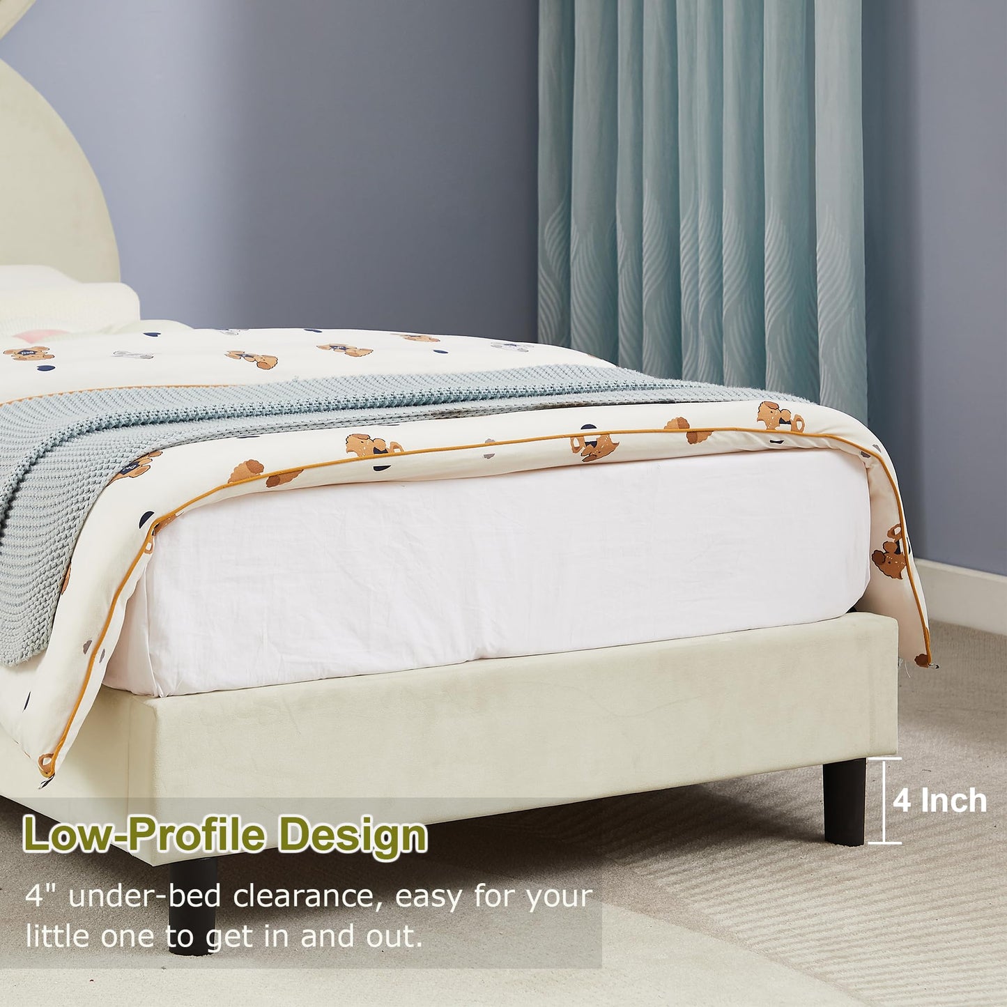 VECELO Twin Size Bed Frame, Heavy-Duty Platform with Rabbit Shaped Headboard for Girls Kids Room, Easy Assembly, Beige