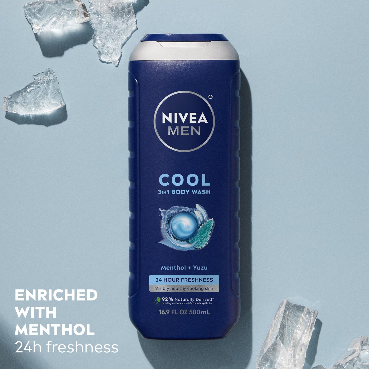 Nivea Men Cool Body Wash, Icy Menthol and Yuzu Scent, 3-in-1 Men's Body Wash, Face and Hair, Paraben Free, pH-Skin Friendly, 16.