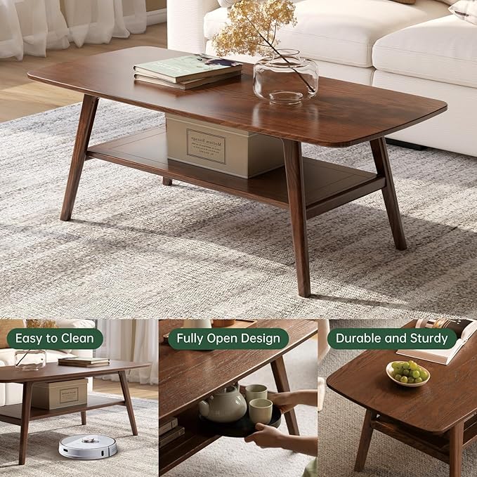 Wayshome 100% Solid Oak Wood Coffee Table for Living Room, 2-Tier Living Room Table with Storage Shelf, Mid Century Modern Coffee Tables (Walnut Colour, 39.37" W x19.68 D x 17.32" H)