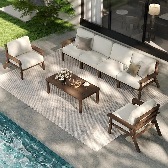 Patio Kingdom Patio Furniture Set 7 Seats, HDPE Outdoor Sectional with Beige Washable Thick Cushions, Coffee Table, Patio Conversation Sets for Lawn, Garden, Porch, Balcony, Deck (Brown Frame)