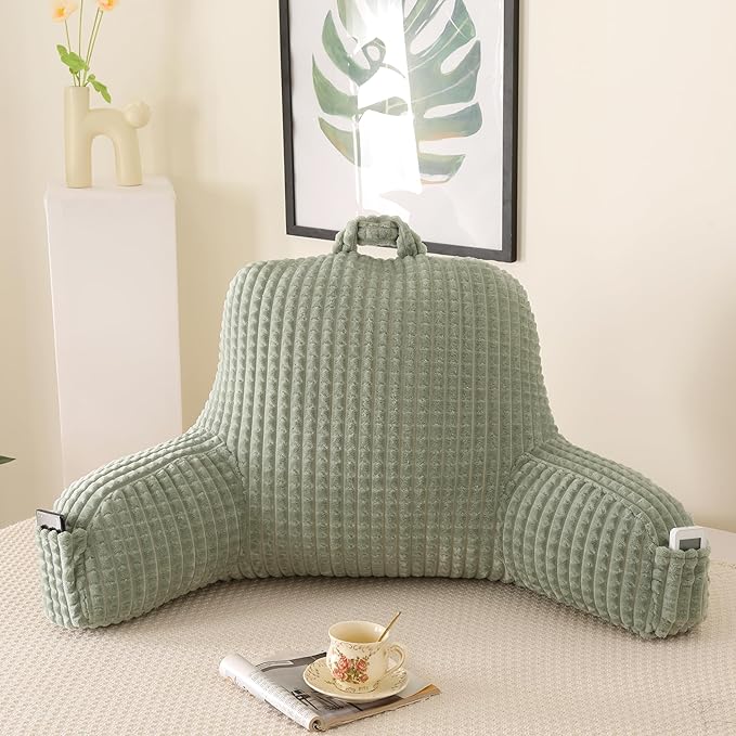 PAJEO Reading Pillow for Sitting in Bed, Large Backrest Reading Pillow with Arm Rest,Back-Rest Support Cushion for Sit Up on Couch, Sofa, and Floor, Dorm Essentials (Green Flannel, Large(19"))