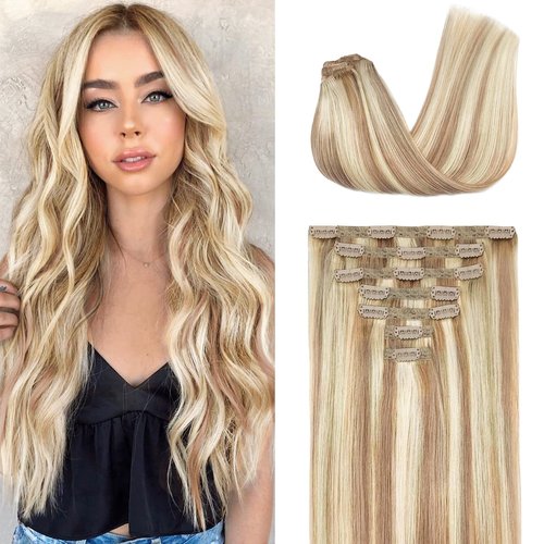 Fimislosion Real Hair Extensions Clip in Human Hair, Seamless Clip in Hair Extensions Real Human Hair, 18 Inch Clip ins extensions for women, Honey Blonde With Bleach Blonde 120G 7Pcs