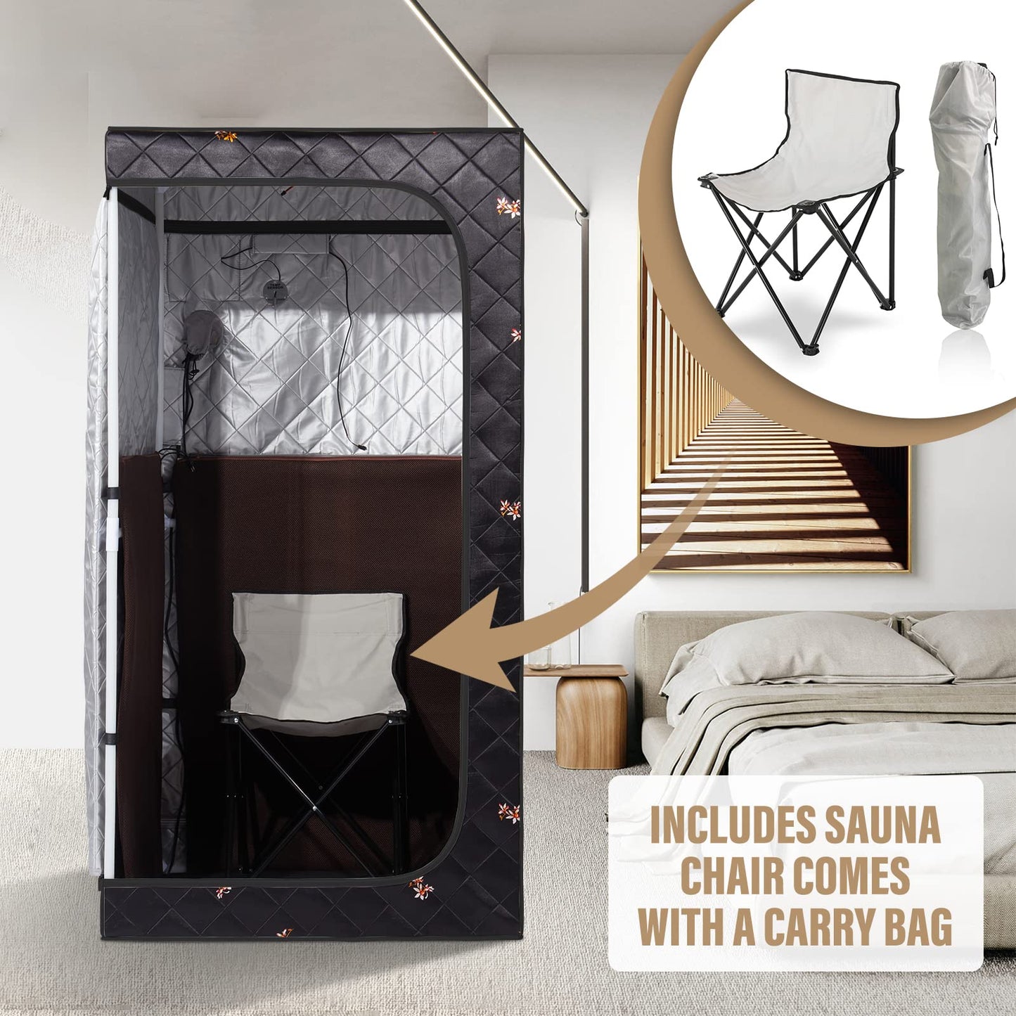 Smartmak Full Size Portable Home Sauna Kit, 1 Person Far Infrared Sauna, Full Body Sauna Tent for Relaxation, with Timer & Temperature Remote Control, Foot Heating Pad,Upgraded Folding Chair - Black