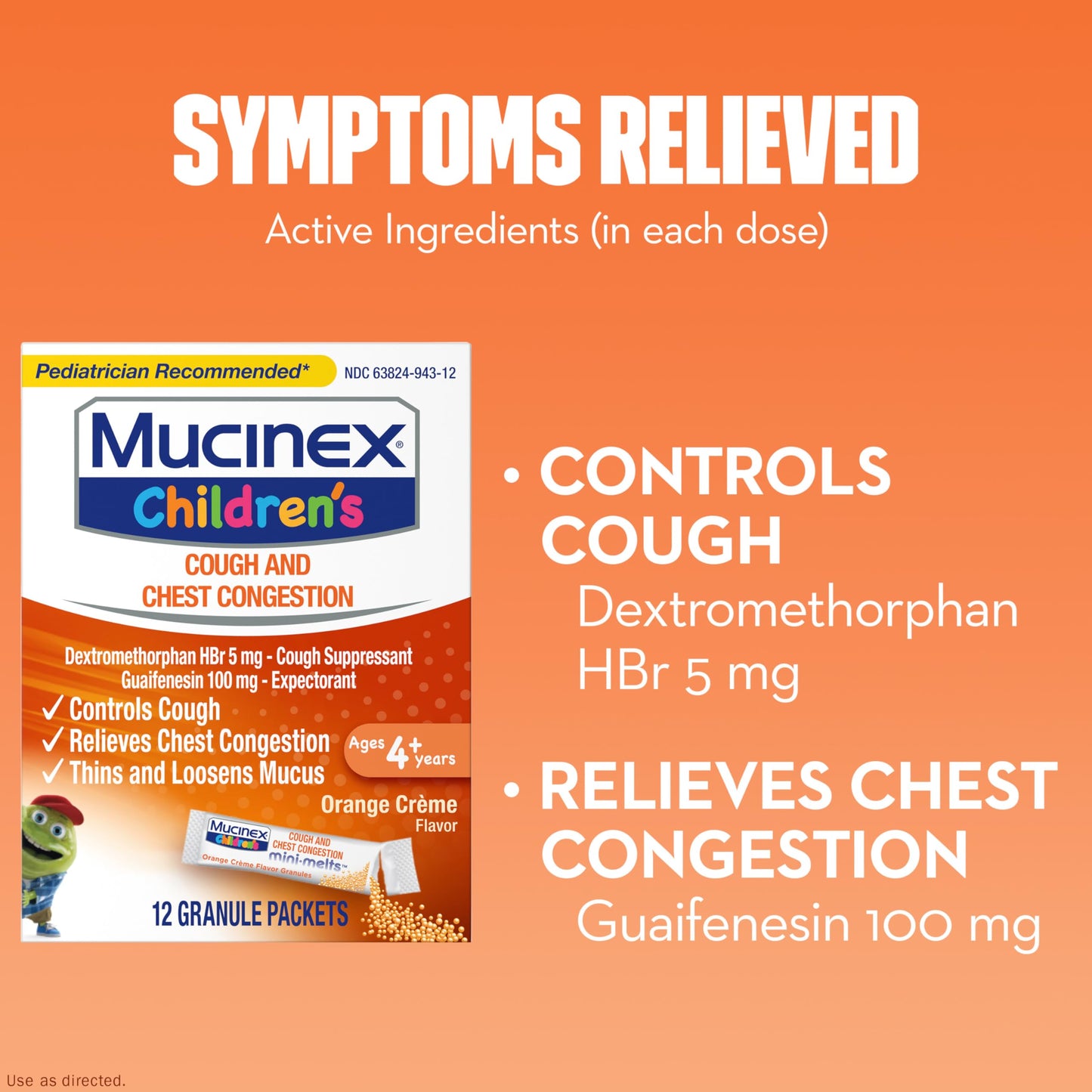 Mucinex Children's Chest Congestion Expectorant and Cough Suppressant Mini-Melts, Orange Cream, 12 Count (Packaging May Vary) (Pack of 2)