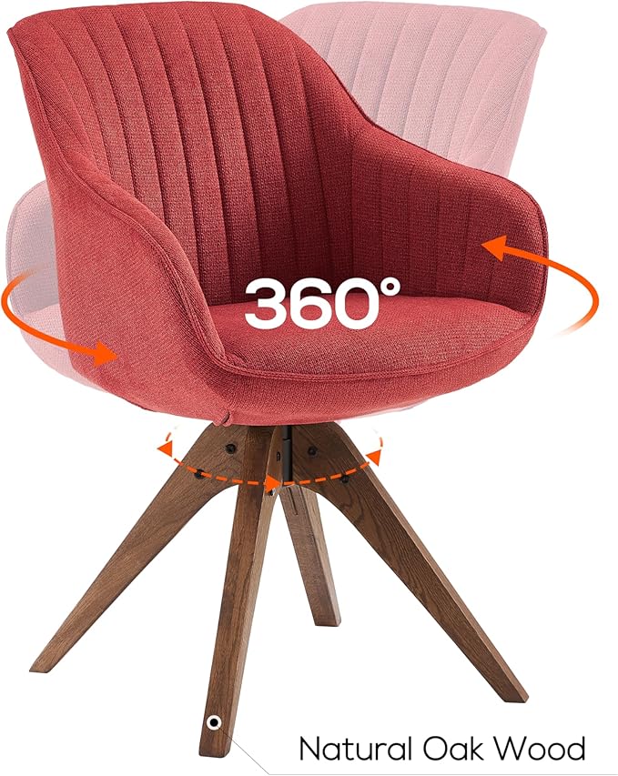 Art Leon Dining Chair - Mid Century Modern Fabric Upholstered Swivel Dining Room Chair with Wood Legs, Leisure Side Chair with Arms for Living Room, Red
