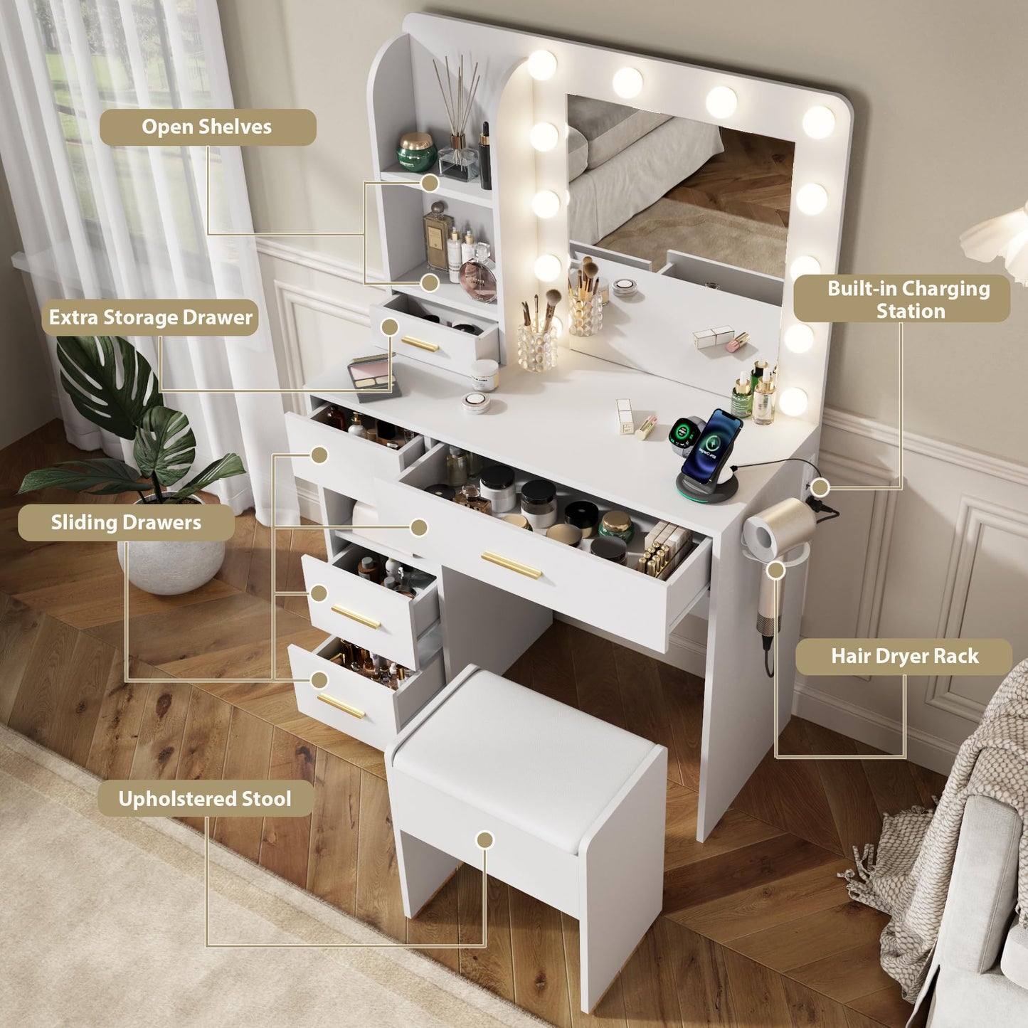 Furnivado Vanity Desk with Mirror and Lights, 3 Adjustable Lighting Makeup Vanity Desk with 3 Storage Shelves, 5 Large Drawers and Power Outlet, Vanity with Chair for Bedroom, White