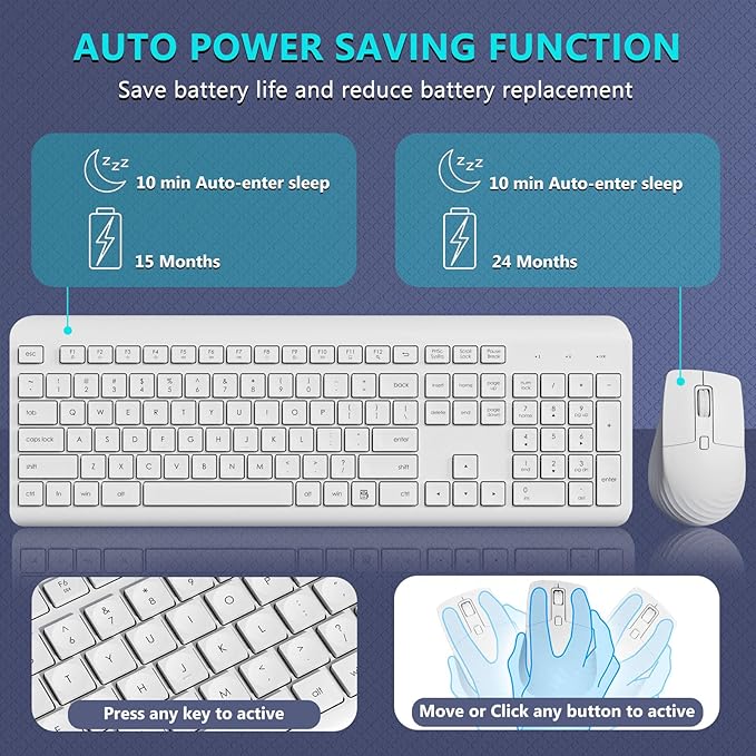 Wireless Keyboard and Mouse Combo, 2.4G Lag-Free Full Size Keyboard with Quiet Low Profile Concave Keys and Adjustable DPI Optical Mouse, Long Battery Life for PC, Windows, MAC Laptop (White)