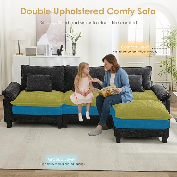 URRED Cloud Couch Modular Sectional Sofa, 122'' Modern L Shaped Deep Seat Sofa with Ottoman & Pillows, Ultra Comfy Chenille Couches for Living Room, Bedroom or Apartment, Black