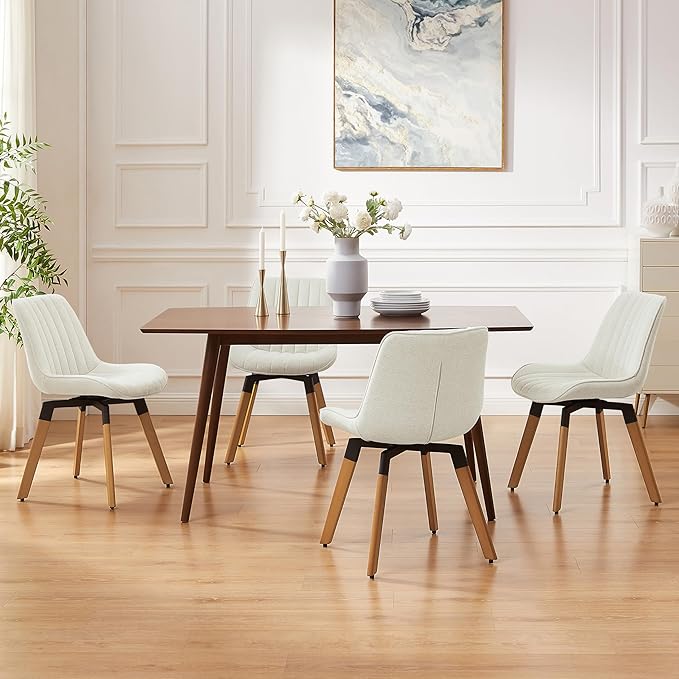 Art Leon Dining Chairs Set of 4, Mid Century Modern Swivel Dining Room Chairs, Fabric Upholstered Armless Side Chairs with Wood Legs for Kitchen Living Room Bedroom, Off White