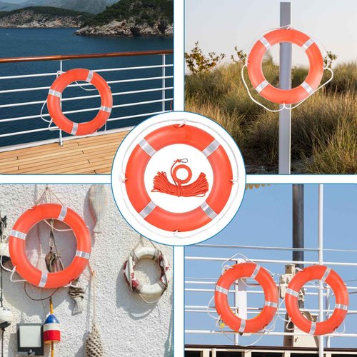 Life Preserver Ring, 23 Inch Life Ring with Horseshoe Bracket Orange, Boat Safety Throw Rings with Rope 98.5 FT Water Floating Lifesaving Rope and Reflective Tape for Boat
