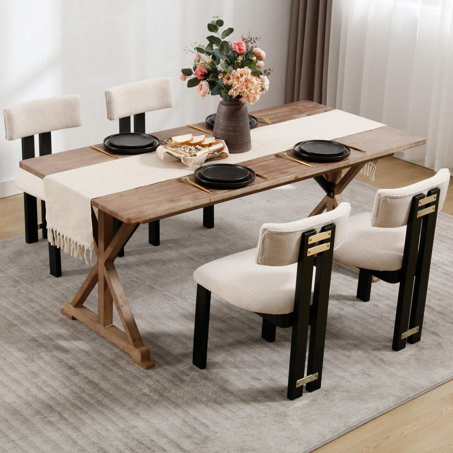 RIVOVA Dining Chairs Set of 4, Modern Upholstered Kitchen Dining Room Chairs with Curved Backrest and Black Wood Legs, Beige