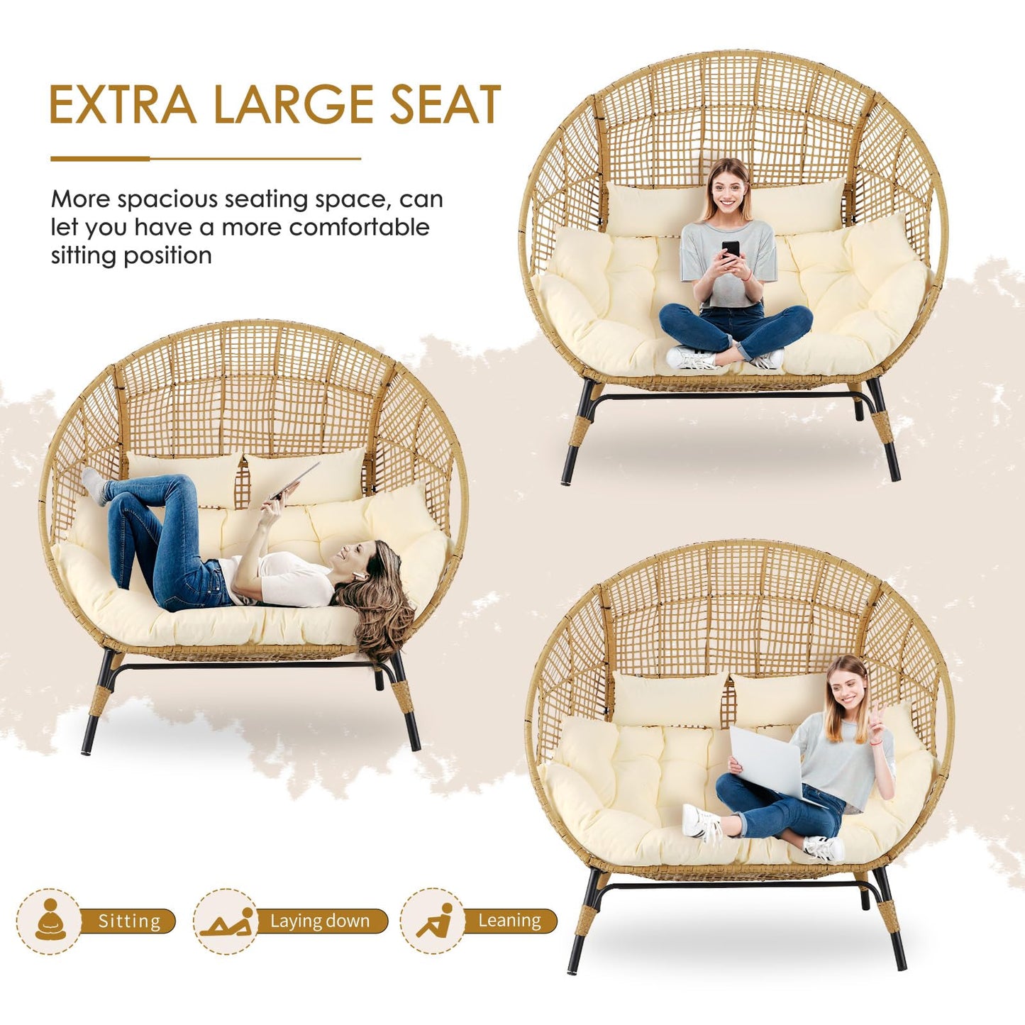 NICESOUL® Double Egg Chair Indoor Outdoor Stationary Oversized Thicken Padded Cushions,2 Person Egg Loveseat Chair,680 lbs Extra Large Lounge Chair for Patio Balcony Porch Backyard Beige, Xmas Gift
