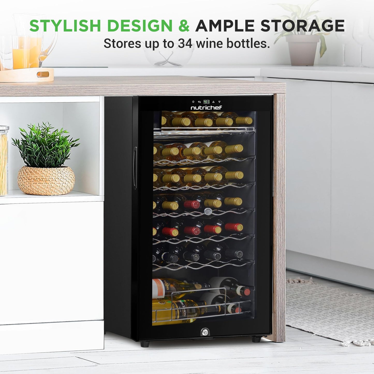 Nutrichef 34 Bottle Wine Fridge | Single Zone Wine Chiller Great for both Red & White Wines | Adjustable Temp 41°F - 64°F | Ultra Quiet Operation | Wine Cooler for Home & Office | 33x19x17 IN (Black)